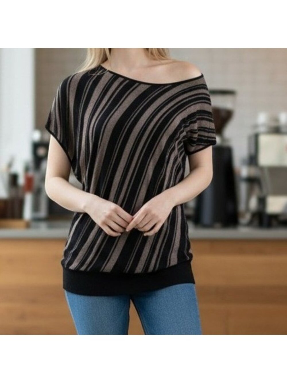 Y2k Le Chateau Womens XL Black Taupe Striped Knit Off Shoulder Dolman Scoop Neck